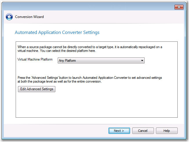 Automated Application Converter Settings Panel of Conversion Wizard