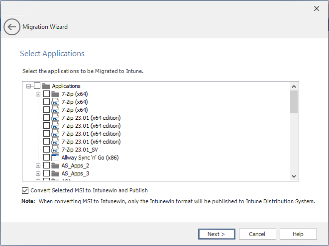 Migration Wizard / Select Application Panel