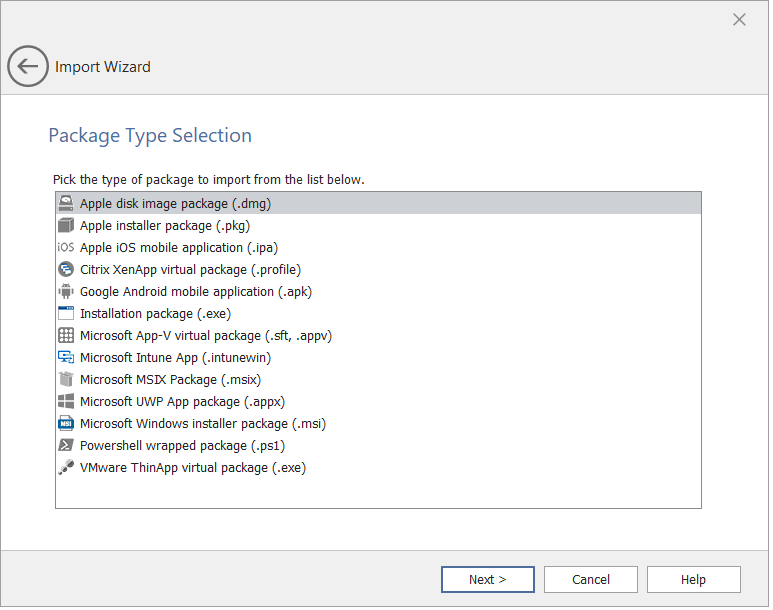 Import Wizard / Package Type Selection Panel (Single Application)